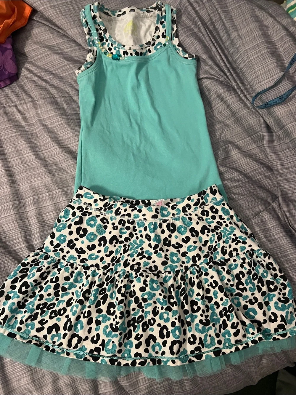 Girls Aqua Tank Top and Aqua Leopard Print Skirt Set